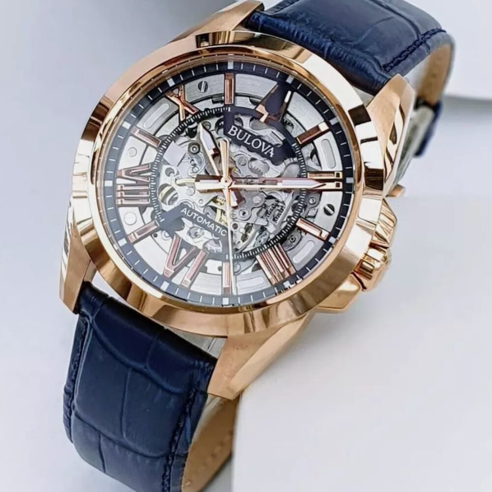 Bulova Sutton Automatic Skeleton Blue Leather Ban… - image 2
